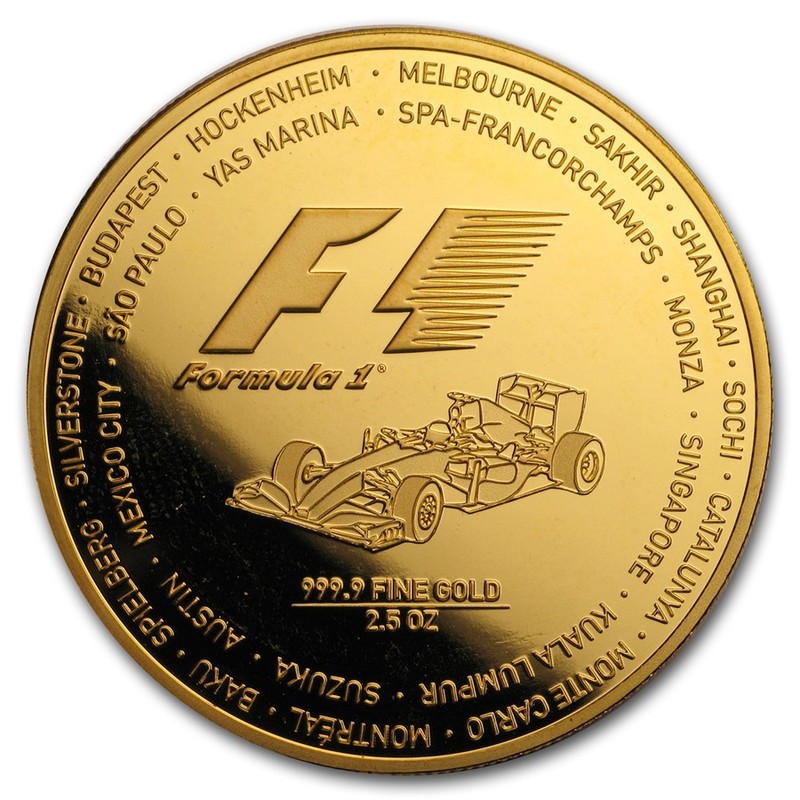 Золотая монета Соломоновых островов "Формула 1" 2016 г.в., 77,78 г чистого золота (Проба 0,9999)