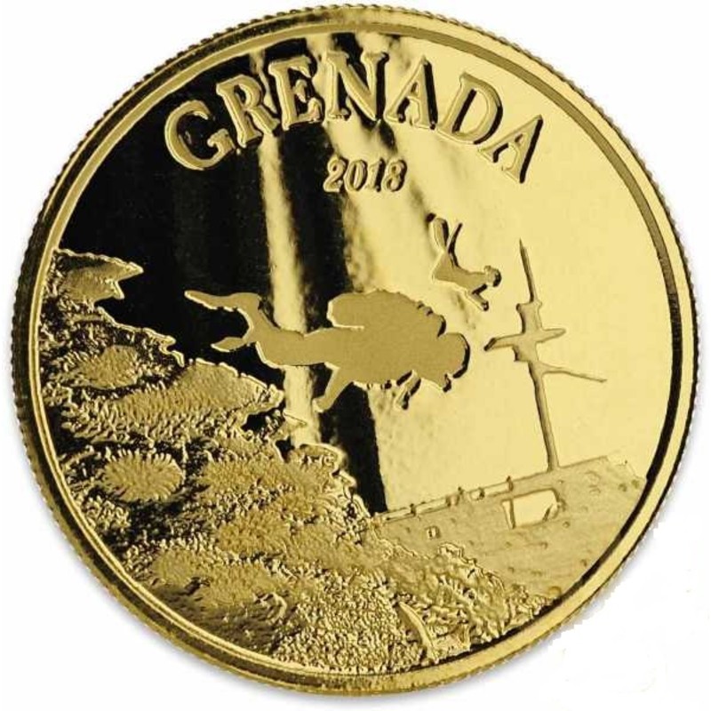 Золотая монета Гренады "Гренада - рай для дайверов" 2018 г.в., 31,1 г чистого золота (Проба 0,9999)