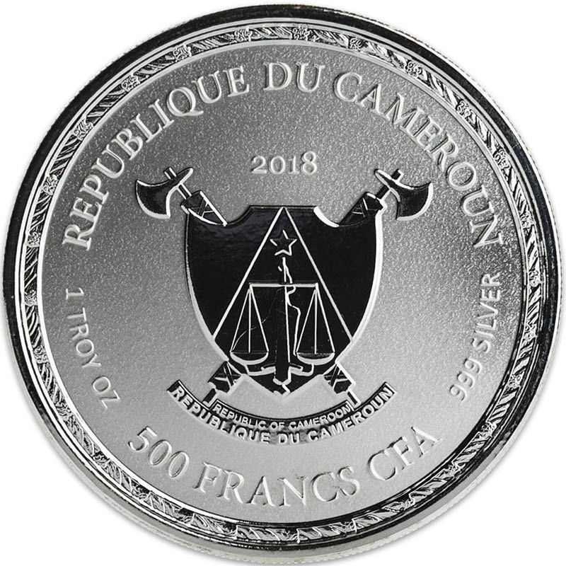 Серебряная монета Камеруна "Императорский Дракон" 2018 г.в., 31,1 г чистого серебра (Проба 0,999)