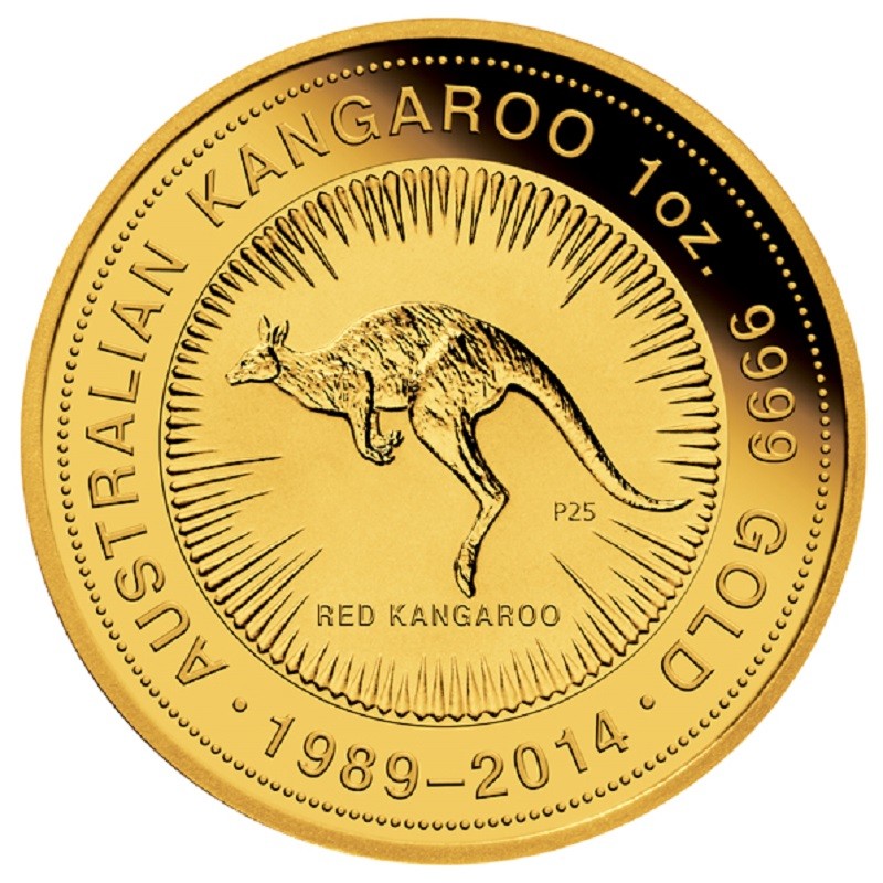 Набор юбилейных золотых монет Австралии - Красный Кенгуру 1989-2014 г.в., 59.09 г чистого золота - 1,9 унции (проба 0,9999)