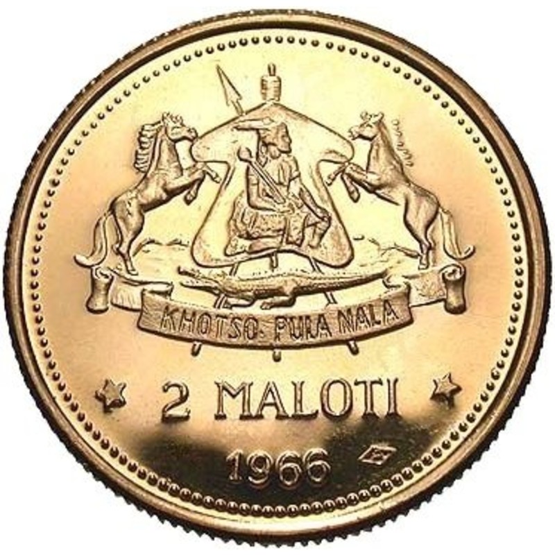 Золотая монета Лесото "Обретение независимости" 2 малоти 1966 г.в., 7,32 чистого золота (Проба 0,917)