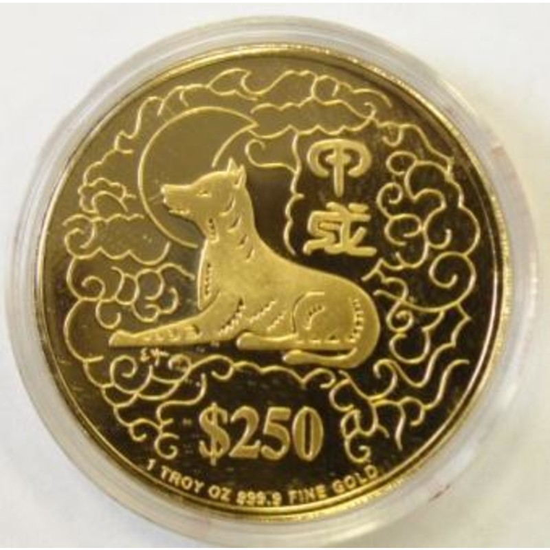 Золотая памятная монета Сингапура - год Собаки 1994, 31,1 г чистого золота (проба 9999)