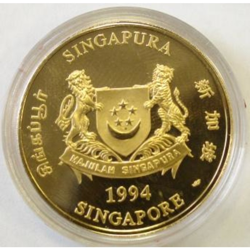 Золотая памятная монета Сингапура - год Собаки 1994, 31,1 г чистого золота (проба 9999)