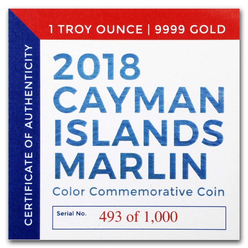 Золотая монета Каймановых островов «Голубой Марлин» с цветом 2018 г.в., 31.1 г чистого золота (проба 0.9999)
