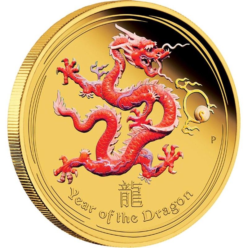 Золотая монета Австралии "Лунар II - Год Дракона" 2012 г.в. (с цветным изображением), 7,78 г чистого золота  (Проба 0,9999)