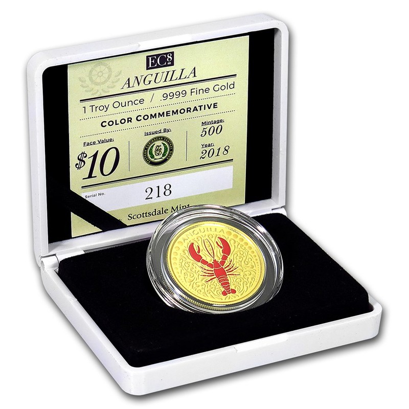 Золотая монета Ангильи "Лобстер" 2018 г.в. (с цветным изображением), 31,1 г чистого золота (Проба 0,9999)