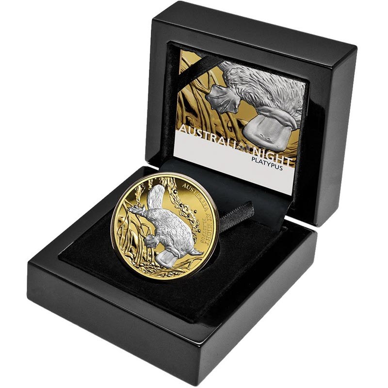 Золотая монета Ниуэ "Ночная Австралия. Утконос" 2019 г.в., 31,1 г чистого золота (Проба 0,9999)