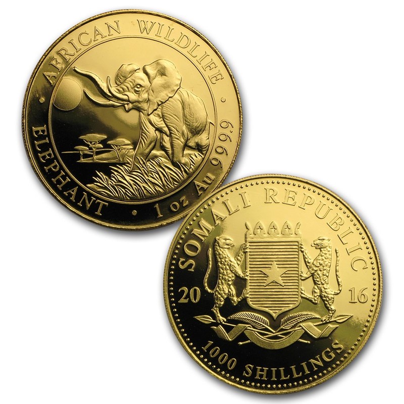 Набор из 4-х золотых монет Сомали "Слон" 2016 г.в., 57,54 г чистого золота (Проба 0,9999)