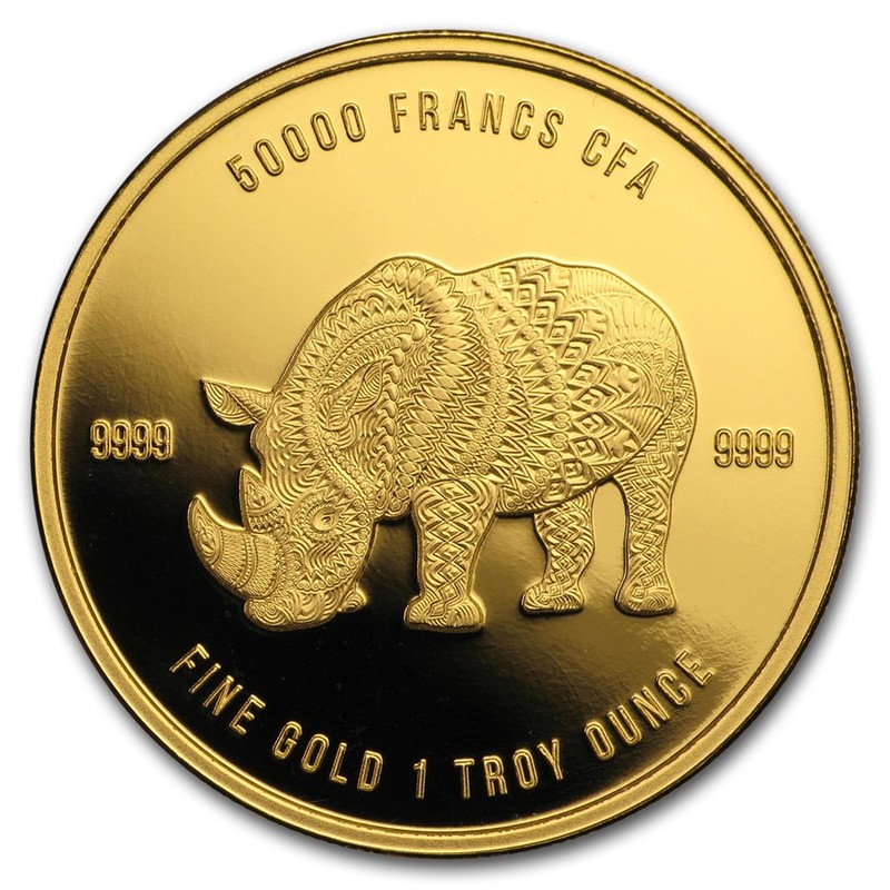 Золотая монета Чада «Мандала. Носорог» 2018 г.в., 31.1 г чистого золота (проба 0.9999)