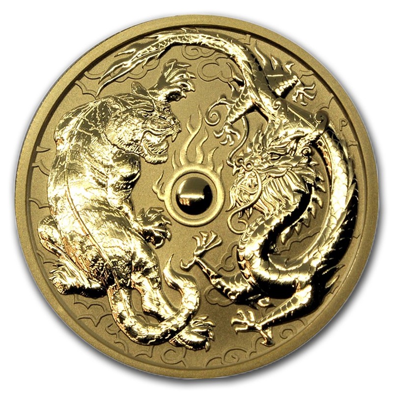 Золотая монета Австралии «Дракон и Тигр» 2019 г.в., 31,1  г чистого золота (проба 0.9999)