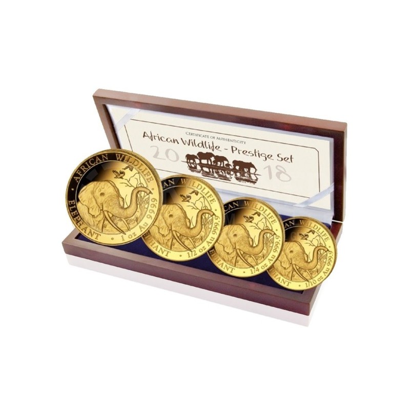 Набор из 4-х золотых монет Сомали "Слон" 2018 г.в., 57,54 г чистого золота (Проба 0,9999)