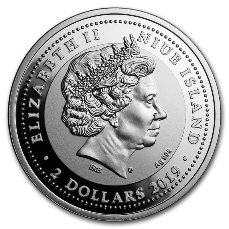 Серебряная монета Ниуэ "Величественный синий павлин" 2019 г.в., 31,1 г чистого серебра (Проба 0,999)