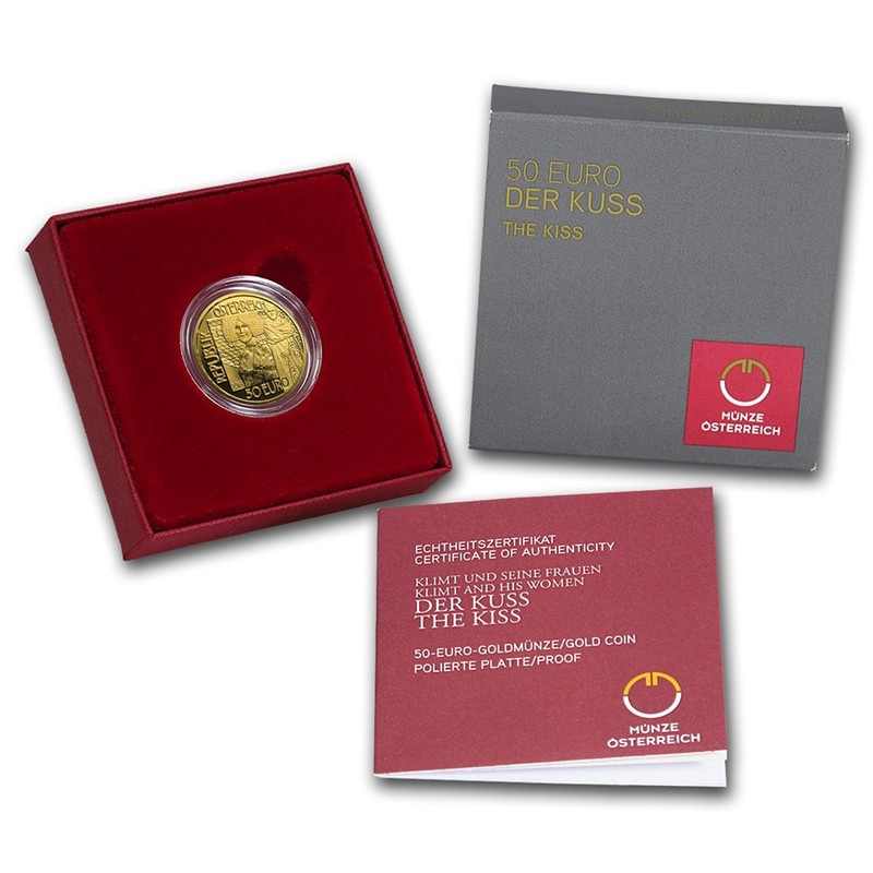 Золотая монета Австрии "Климт и его женщины. Поцелуй" 2016 г.в., 10 г чистого золота (Проба 0.986)