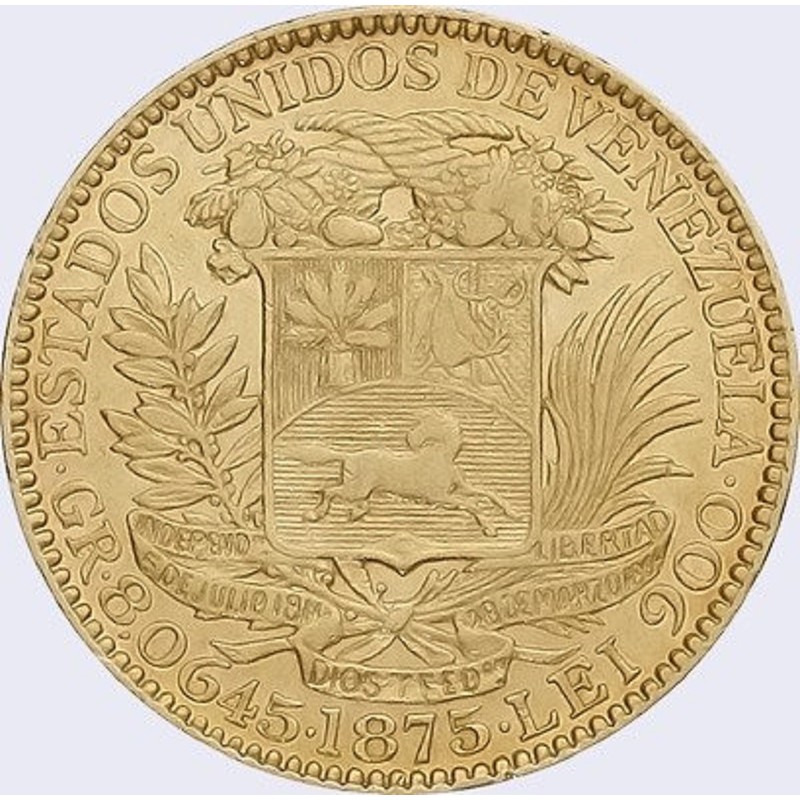 Комиссия: Золотая монета Венесуэлы "5 венецолано" 1875 г.в., 7,26 г чистого золота (Проба 0,900)