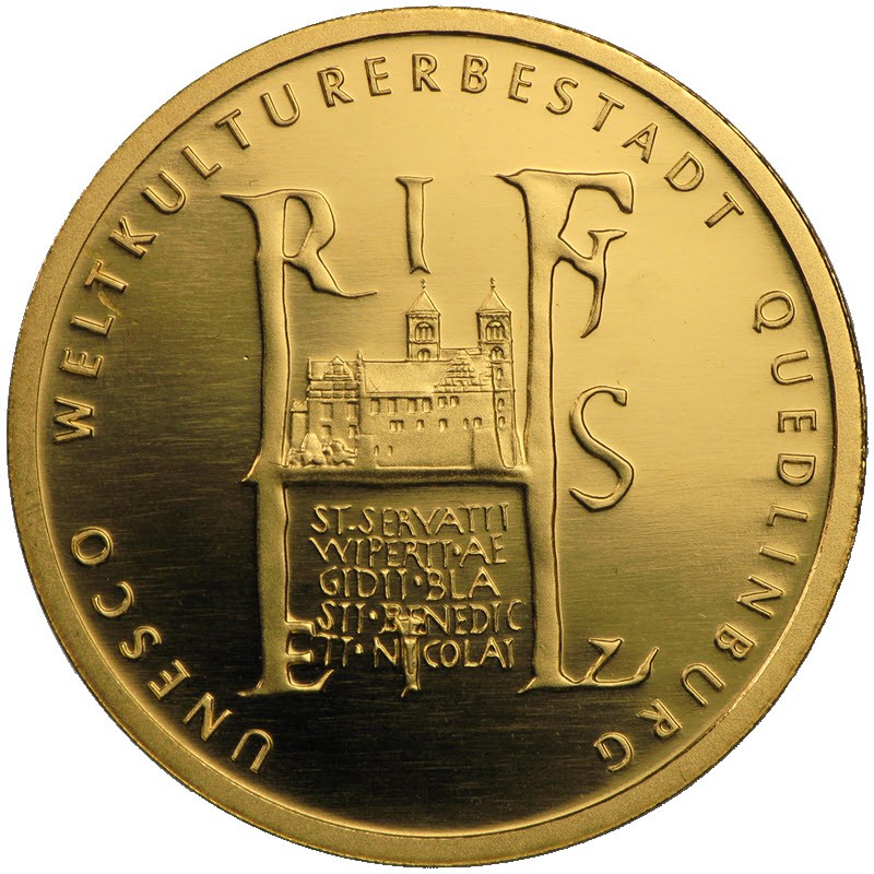 Золотая монета Германии «Всемирное наследие ЮНЕСКО - 1100 лет аббатству Кведлинбург» 2003 г.в., 15.55 г чистого золота (проба 0.9999)