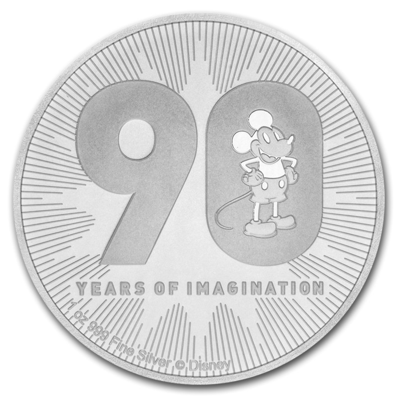 Серебряная монета Ниуэ «Микки Маус - 90 лет» 2018 г.в., 31.1 г чистого серебра (проба 0.999)
