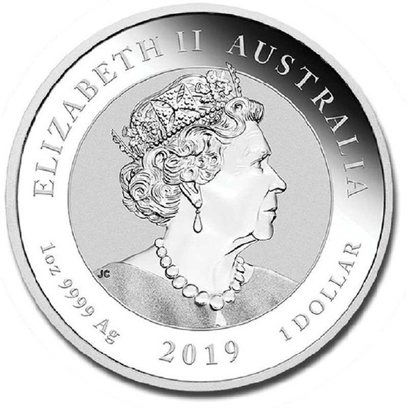 Серебряная монета Австралии "Два Дракона и пылающая жемчужина" 2019 г.в., 31,1 г чистого серебра (Проба 0,999)