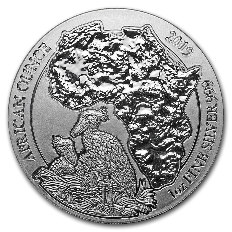 Серебряная монета Руанды "Африканский китоглав" 2019 г.в., 31.1 г чистого серебра (Проба 0,999)