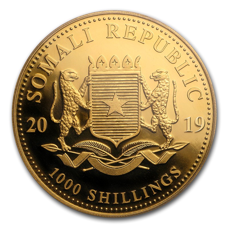 Золотая монета Сомали "Леопард" 2019 г.в., 31,1 г чистого золота (Проба 0,9999)