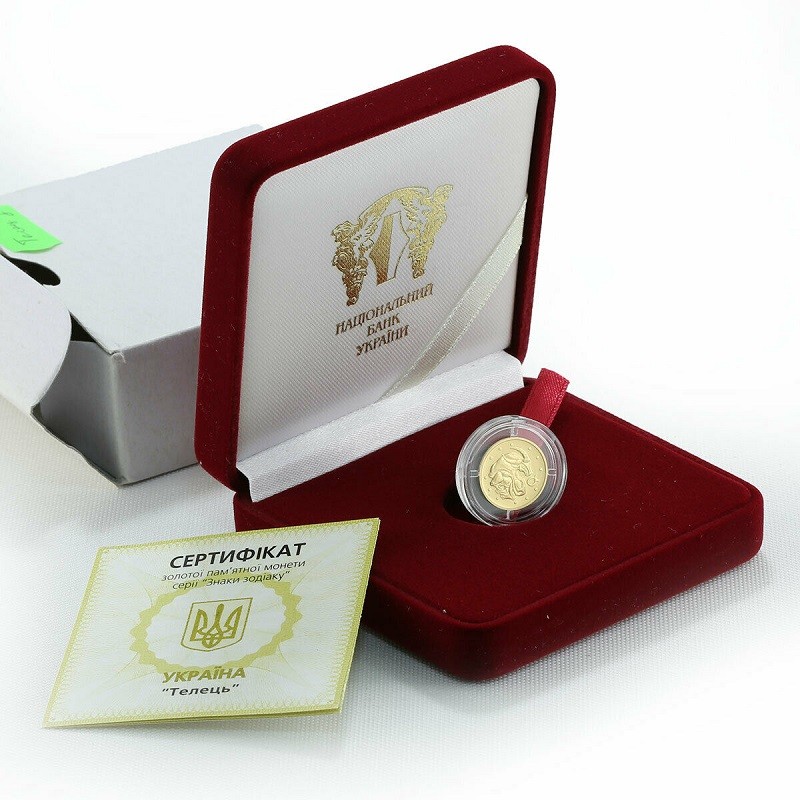 Золотая монета Украины "Знаки Зодиака. Телец" 2006 г.в., 1,24 г чистого золота (Проба 0,9999)