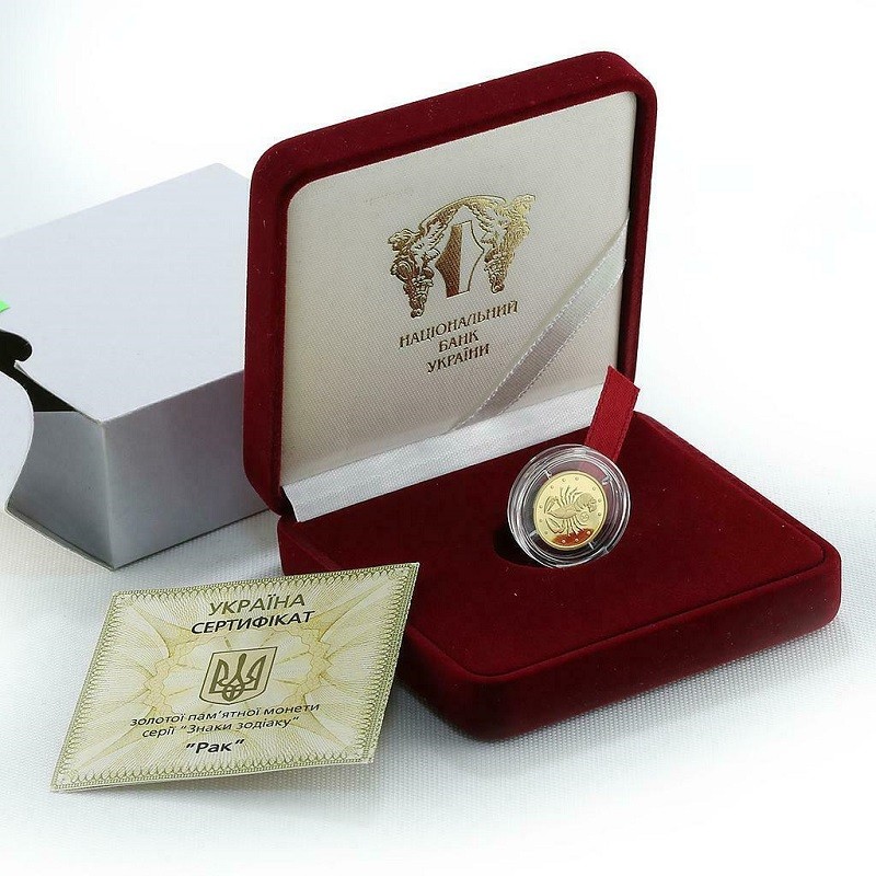 Золотая монета Украины "Знаки Зодиака. Рак" 2008 г.в., 1.24 г чистого золота (Проба 0,9999)