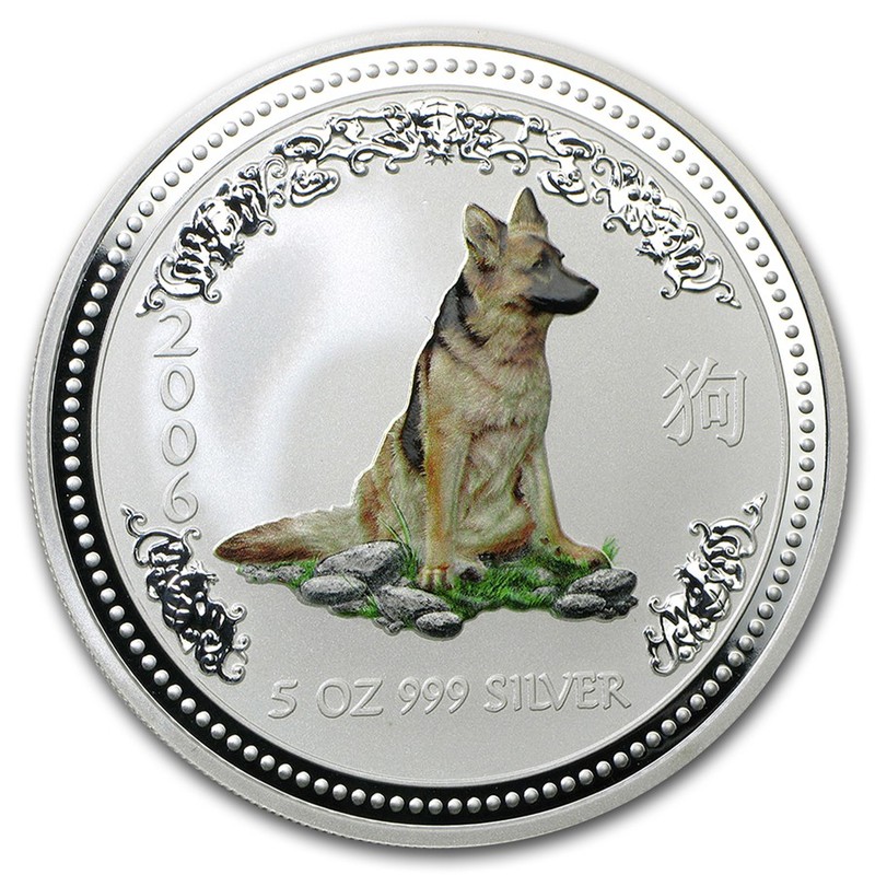 Серебряная монета Австралии "Год Собаки" 2006 г.в. (с цветным изображением), 155,5 г чистого серебра (Проба 0,999)