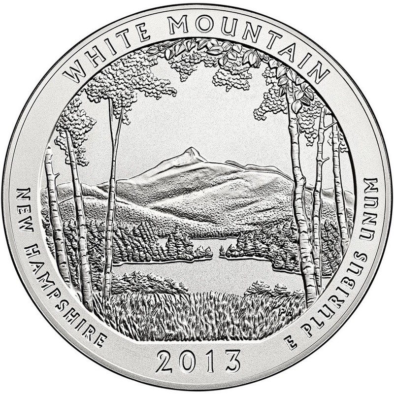 Серебряная монета США "Белые Горы. Штат Нью Хэмпшир" 2013 г.в., 155,5 г чистого серебра (Проба 0,999)