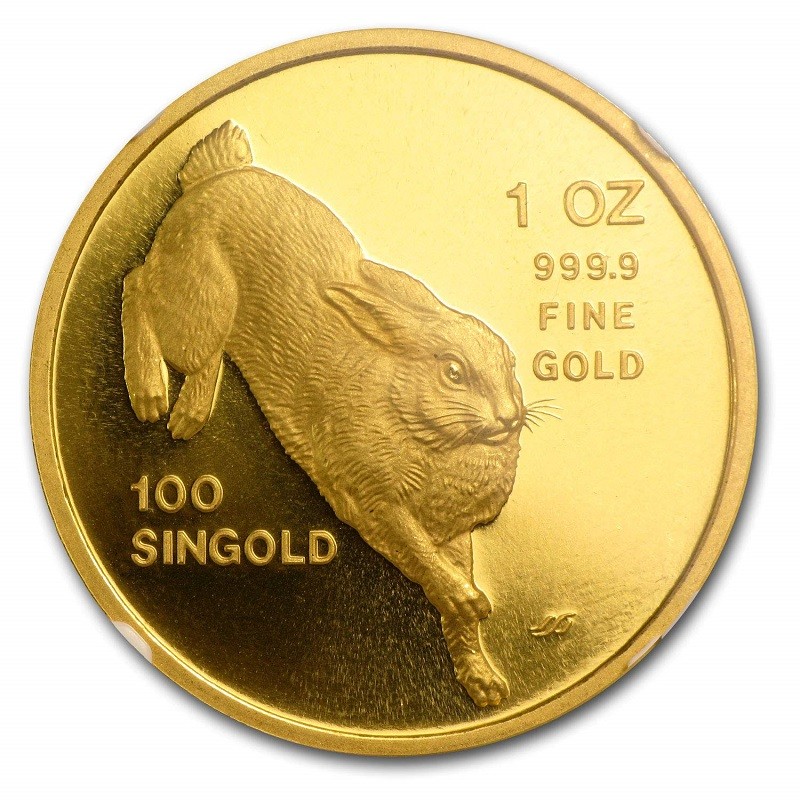 Золотая монета Сингапура "Год Кролика" 1987 г.в., 31.1 чистого золота (Проба 0,9999)