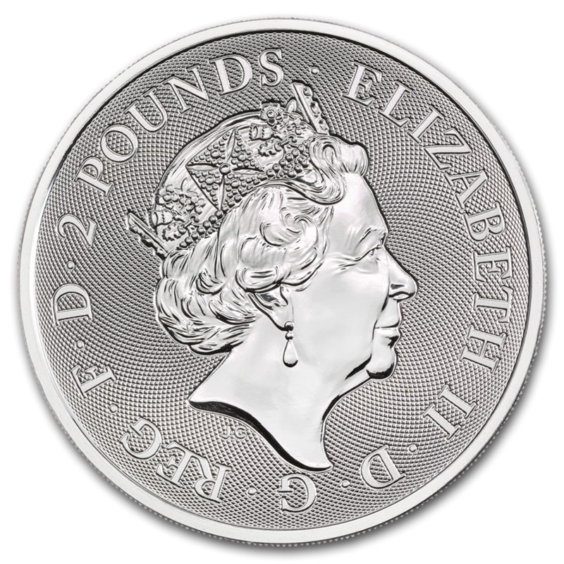 Серебряная монета Великобритании "Святой Георгий и дракон" 2019 г.в., 31.1 г чистого серебра (Проба 0,9999)