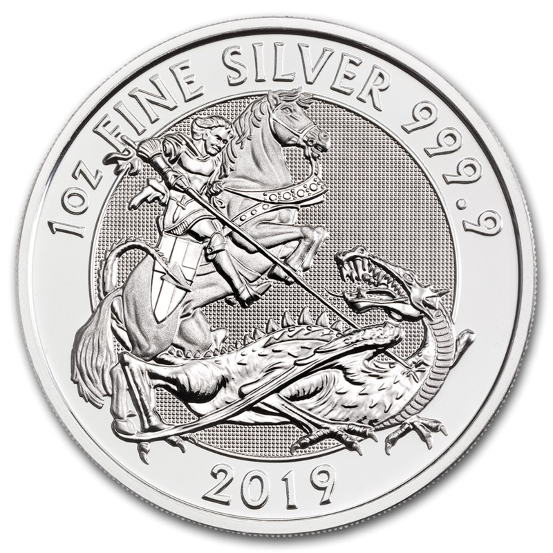 Серебряная монета Великобритании "Святой Георгий и дракон" 2019 г.в., 31.1 г чистого серебра (Проба 0,9999)