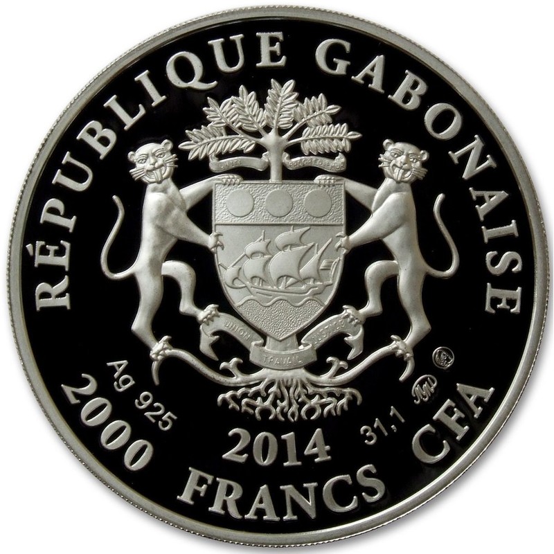 Серебряная монета Габона "Знаки Зодиака - Рак" 2014 г.в., 31.1 г чистого серебра (Проба 0,925)
