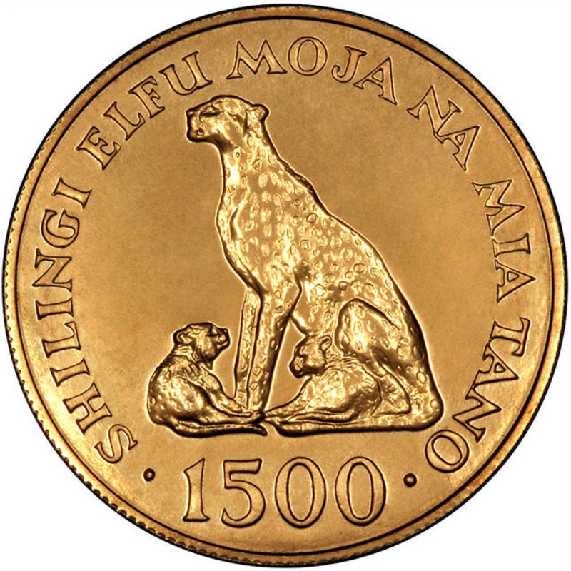 Золотая монета Танзании 1500 шиллингов, 30,09 гр. чистого золота (0,900 пробы)