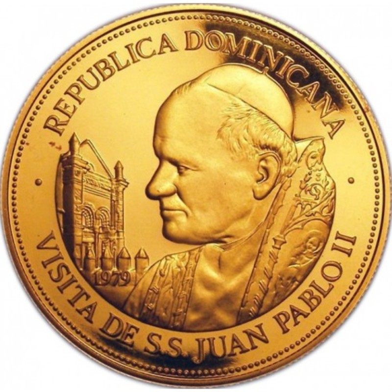 Комиссия: Золотая монета Доминиканской республики «Визит Папы Римского Иоанна Павла II» 1979 г.в., 27.99 г чистого золота (проба 0.900)