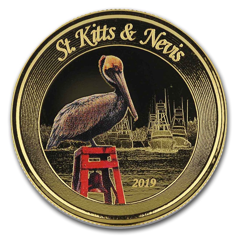 Золотая монета Сент-Китс и Невис "Пеликан" 2019 г.в.(с цветным изображением), 31.1 г чистого золота (Проба 0,9999)
