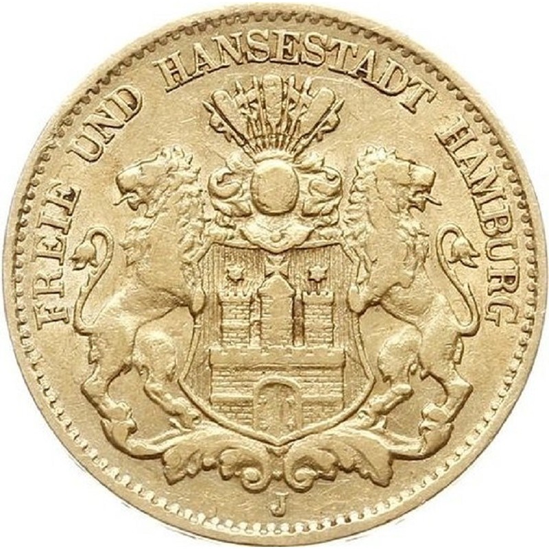 Комиссия: Золотая монета Германии "10 марок Гамбурга", 3.58 г чистого золота (Проба 0,900)