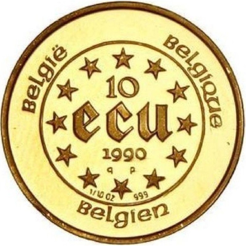 Комиссия: Золотая монета Бельгии "30 лет Римскому договору о ЕЭС" 10 экю 1990 г.в., 3.11 г чистого золота (Проба 0,999)