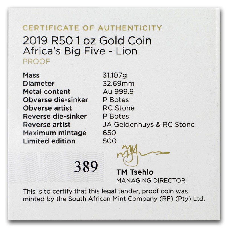 Золотая монета ЮАР "Большая пятерка: Лев" 2019 г.в., 31,1 г чистого золота (Проба 0,9999)