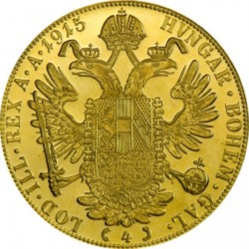 Золотая монета Австрийские 4 Дуката 1915 года рестрайк, вес чистого золота  - 13,769 г (проба 0,986)