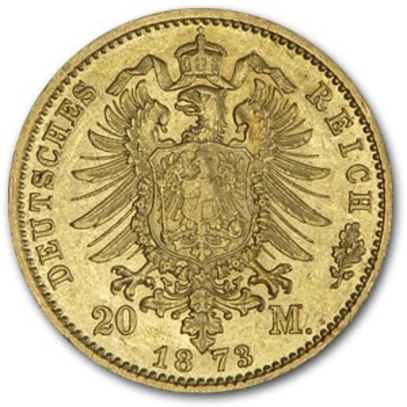 Золотая монета 20 марок Вильгельм I (7,1685 г чистого золота, проба 0,900)