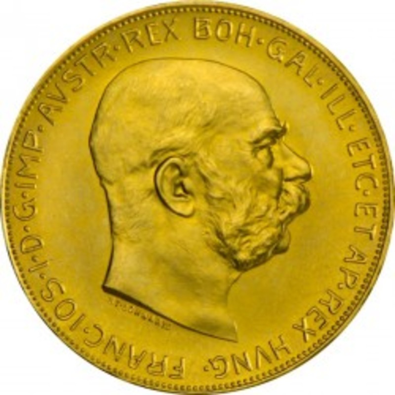 Золотая монета Австрии Франц Иосиф 100 Крон 1915 года рестрайк, 30,48 гр чистого золота, проба 0,900