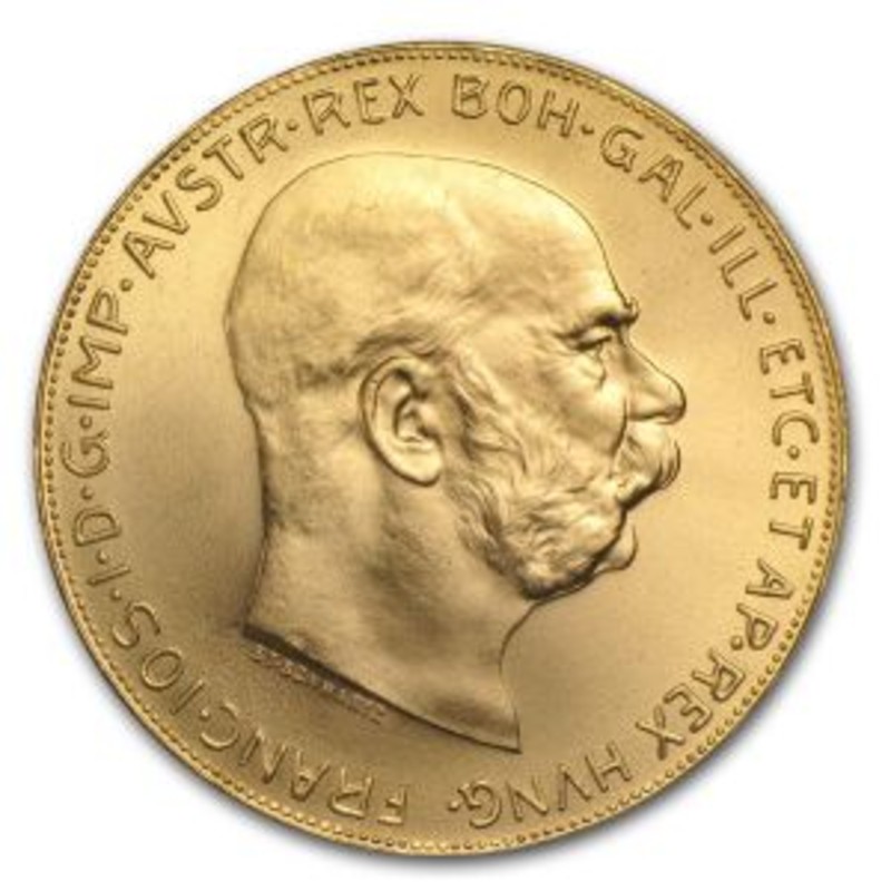 Золотая монета Австрии "Франц Иосиф 100 Крон 1915 года" (рестрайк), 30.48 гр чистого золота (Проба 0,900)