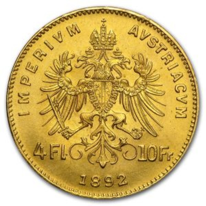 Золотая монета 10 франков/4 флорина (рестрайк), вес чистого золота  - 3,01 г (проба 0,933)