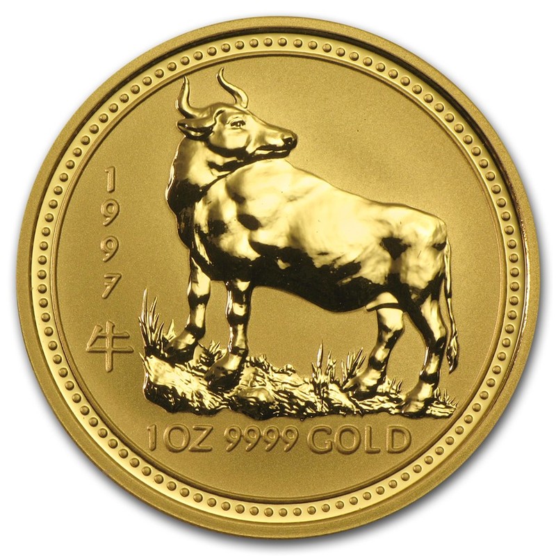 Золотая монета Австралии "Лунар I - Год Быка" 1997 г.в., 31.1 г чистого золота (Проба 0,9999)