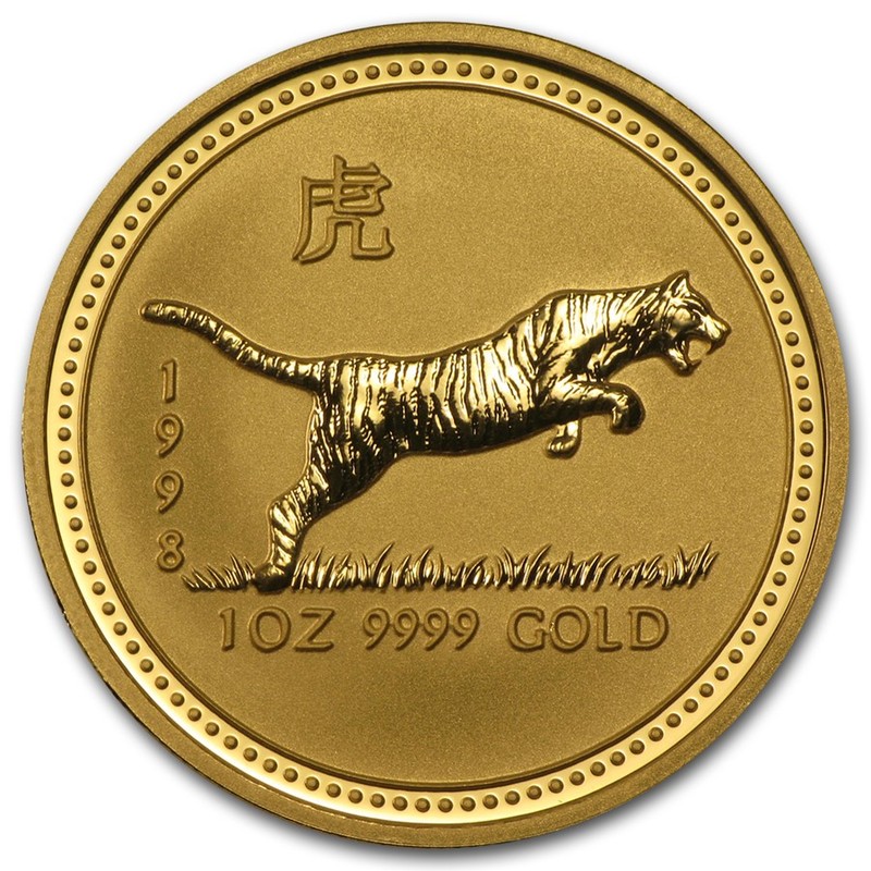 Золотая монета Австралии "Лунный календарь I - Год Тигра" 1998 г.в., 31.1 г чистого золота (Проба 0,9999)