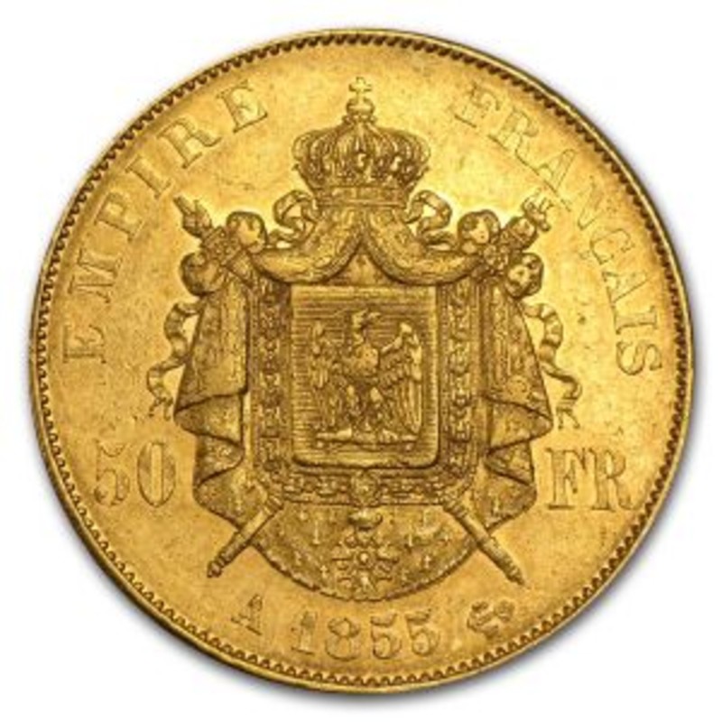 Золотая монета 50 франков Наполеона III (14,51 г чистого золота, проба 0,900)