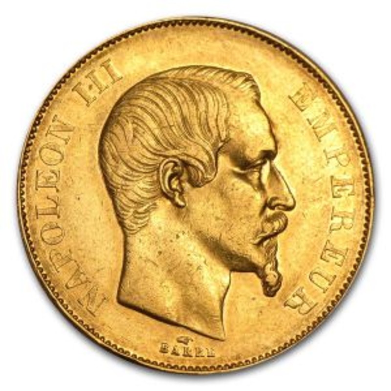 Золотая монета 50 франков Наполеона III (14,51 г чистого золота, проба 0,900)