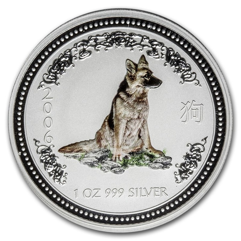 Серебряная монета Австралии "Год Собаки" 2006 г.в.(с цветным изображением), 31.1 г чистого серебра (Проба 0,999)